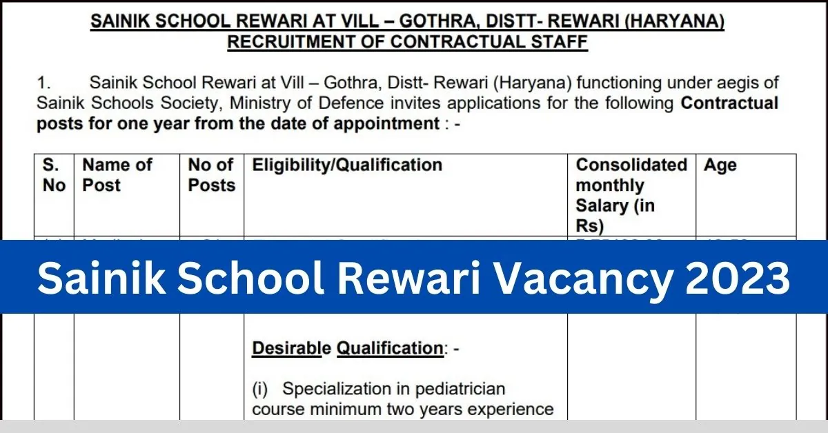 Sainik School Rewari Vacancy 2023 : सैनिक स्कूल रेवाड़ी में आई विभिन्न पदों पर भर्ती